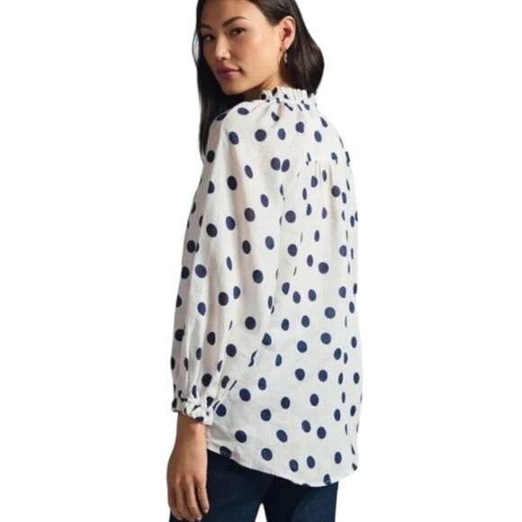 Maeve Anthropologie Linen Shirt Medium Blue Polka Dot Relaxed Button Dow Career - Picture 3 of 13